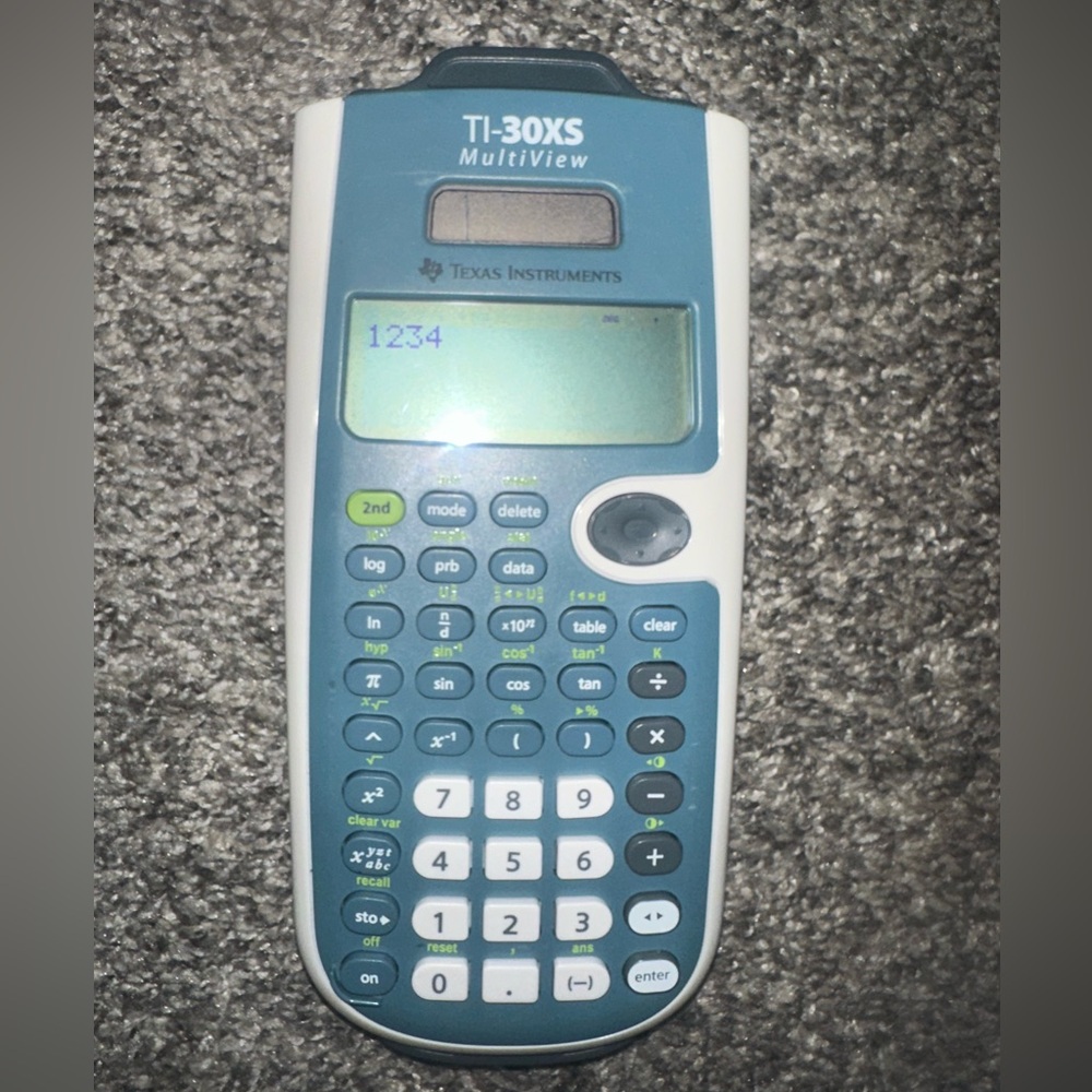 Texas Instruments teal and white TI-30XS MultiView scientific calculator